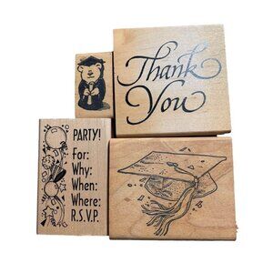 Graduation & Party Rubber Stamp Set Wood Stamps Thank You Cap & Fun RSVP